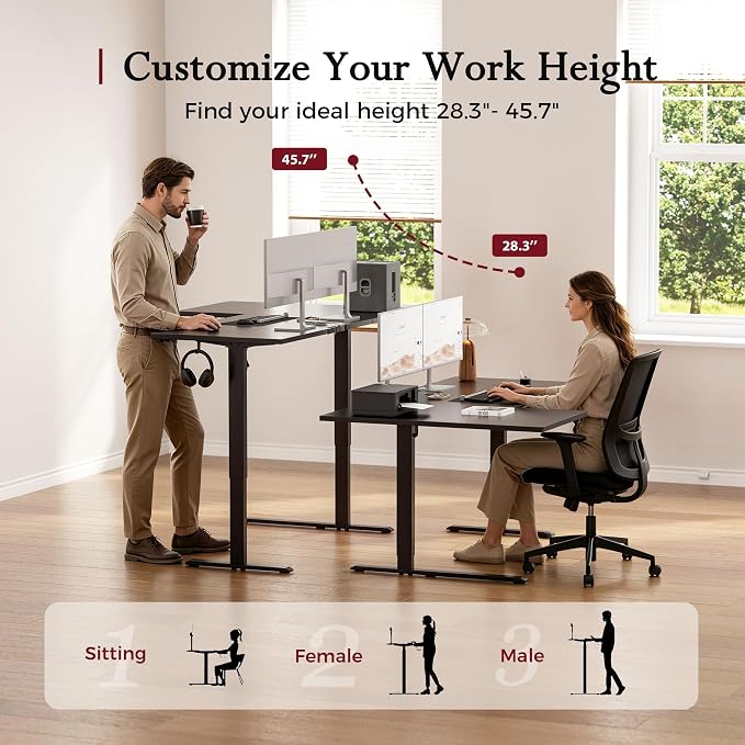 Klicelor L Shaped Standing Desk, 55 Inch Electric Height Adjustable Desk with Memory Preset, Reversible Sit Stand Up Computer Workstation for Home Office, Splice Board, Black