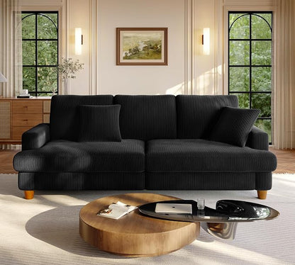 Welzona 87.2" Couches for Living Room, Comfy Black Couch 7.5" Extra Thick Cushion, Sofas for Living Room Tool-Free Setup, Loveseat Sofa 848lbs Support, Corduroy Couch for Bedroom, Apartment, Office