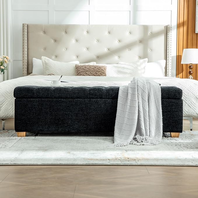 60.2" Storage Bench, End of Bed Storage Benches, Chenille Fabric Upholstered Ottoman Bench with Safety Hinge for Living Room Entryway Bedroom Hallway