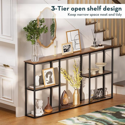 WOHOMO Console Table, 3-Tier Small Entryway Tables, Narrow Sofa Table for Hallway, Rustic Brown (63 inch)
