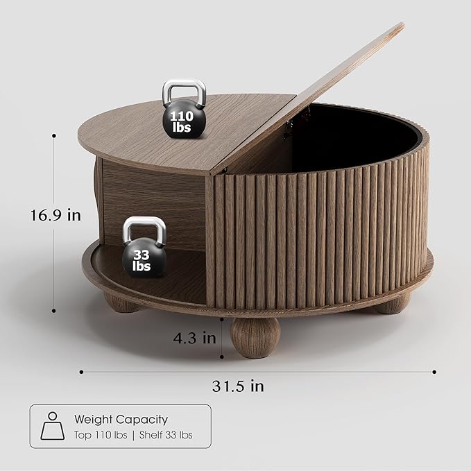 JOINICE Round Coffee Table with Storage, 31.5" Walnut Fluted Drum Center Table, Mid Century Modern Wood Circle Table with Sliding Door & Bun Feet for Living Room