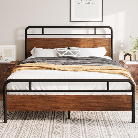 Allewie Full Size Platform Bed Frame with Wooden Headboard and Footboard, Heavy Duty 13 Metal Slats Support, Under-Bed Storage, No Box Spring Needed, Noise Free, Easy Assembly, Walnut