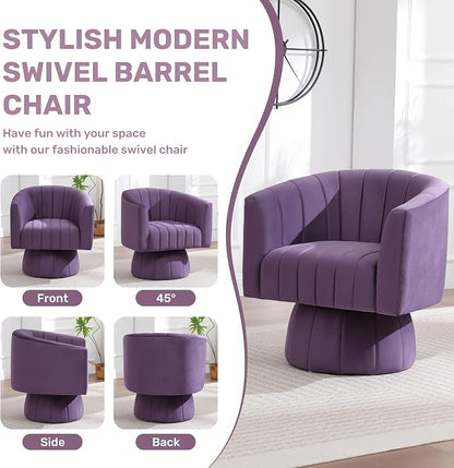 Swivel Accent Barrel Chair, Cute Comfy Small Round 360° Arm Chair. Velvet Club Reading Chair for Living Room, Bedroom, Office Purple