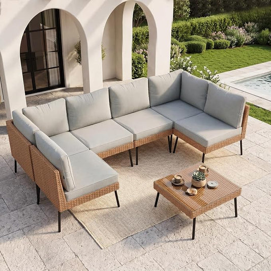 Aoxun 7-Piece Patio Furniture Set, Wicker Outdoor Furniture with Water Resistant Thick Cushions, Patio Conversation Set Outdoor Sectional Sofa with Coffee Table for Backyard Poolside, Light Grey