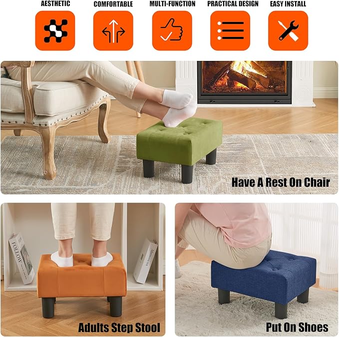 BRIAN & DANY Small Foot Stool, Linen Foot Stools with Legs, Stable Small Footstool for Living Room, Blue