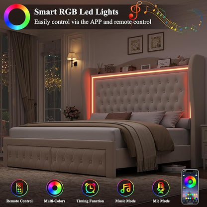 King Bed Frame 55" Tall Headboard with LED Lights, Buttons Tufted Velvet Upholstered Platform Bed Frame with 2 Storage Drawers, Wood Slats Support Mattress Foundation, No Box Spring Needed, Beige