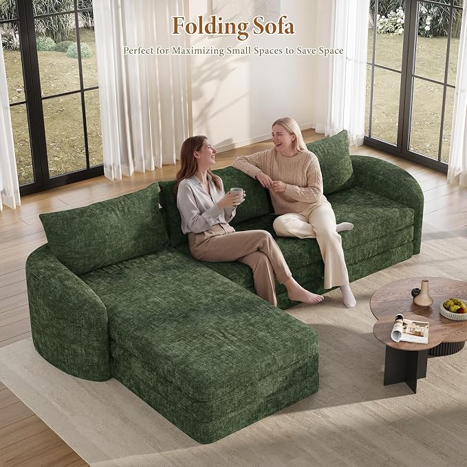 Vesgantti 110.2" Modular Sectional Sofa with Curved Armrest, 6 in 1 Convertible Folding Sleeper Sofa Bed, Chenille Boneless Couch for Living Room, No Assembly Required, Green, Left Facing Chaise
