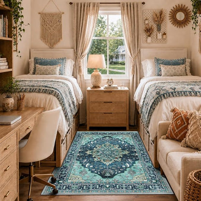 RELEANY Area Rugs 3'x5' Washable Non-Slip, Floral Vintage Distress Medallion Carpet for Living Room Bedroom Dining Room, Teal Green Lake Blue Turquoise