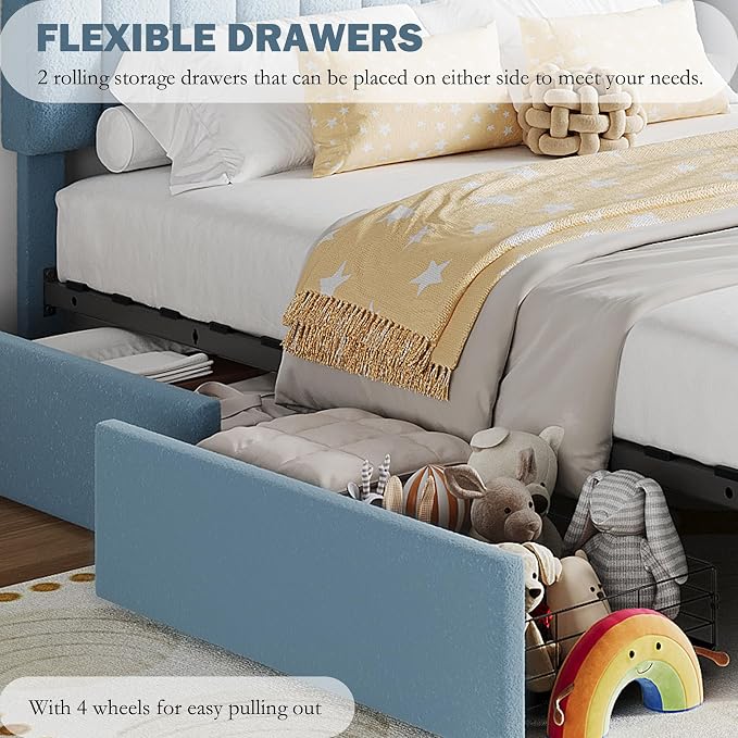 IDEALHOUSE Twin Bed Frame for Kids, Boucle Upholstered Platform Bed for Boys with 2 Flexible Drawers, Bookcase Headboard, Noise-Free, Easy Assembly, No Box Spring Needed, Blue