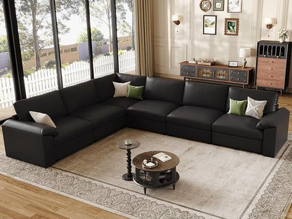 EASE MOOSE Leather Sectional Couch, Oversized Modular Sectional Sofa, Classic Wide Deep Seat Modular Couch, Scratch Resistant Faux Leather Material, L Shaped Sofas for Living Room, Black