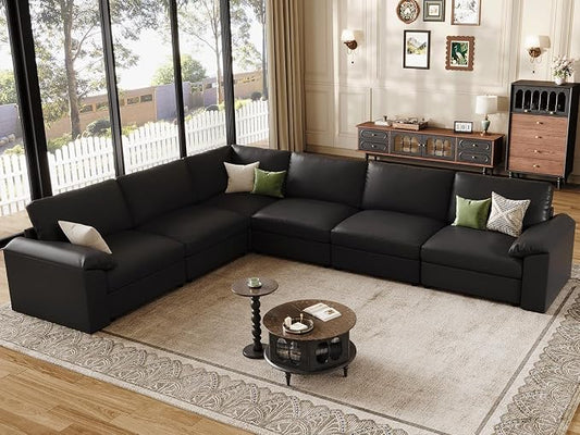 EASE MOOSE Leather Sectional Couch, Oversized Modular Sectional Sofa, Classic Wide Deep Seat Modular Couch, Scratch Resistant Faux Leather Material, L Shaped Sofas for Living Room, Black