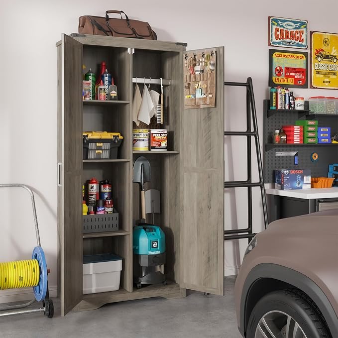 Befrases Set of 2 Farmhouse Rustic Grey Storage Cabinet with Adjustable Shelves, Large Pantry Organize with 2 Barn Doors, Tall Freestanding Cabinet for Kitchen, Bathroom, Garage, Living, Utility Room