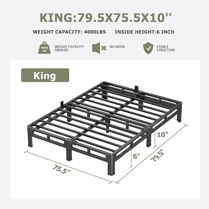 NKZ 10 Inch King Size Bed Frame, Metal Bed Frame & Box Spring 2 in 1 Platform with Round Corner Legs, 4000lbs Weight Capacity Reinforced Low Profile Metal Frame, Noise-Free, Easy Assembly