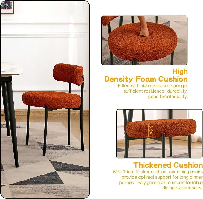 EDWELL Orange Dining Chairs Set of 4, Mid-Century Modern Dining Room Chairs with Thick Cushion, Round Upholstered Boucle Chairs for Kitchen, Living Room, Armless Kitchen Chairs with Black Metal Legs