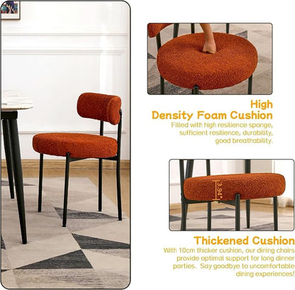 EDWELL Orange Dining Chairs Set of 4, Mid-Century Modern Dining Room Chairs with Thick Cushion, Round Upholstered Boucle Chairs for Kitchen, Living Room, Armless Kitchen Chairs with Black Metal Legs