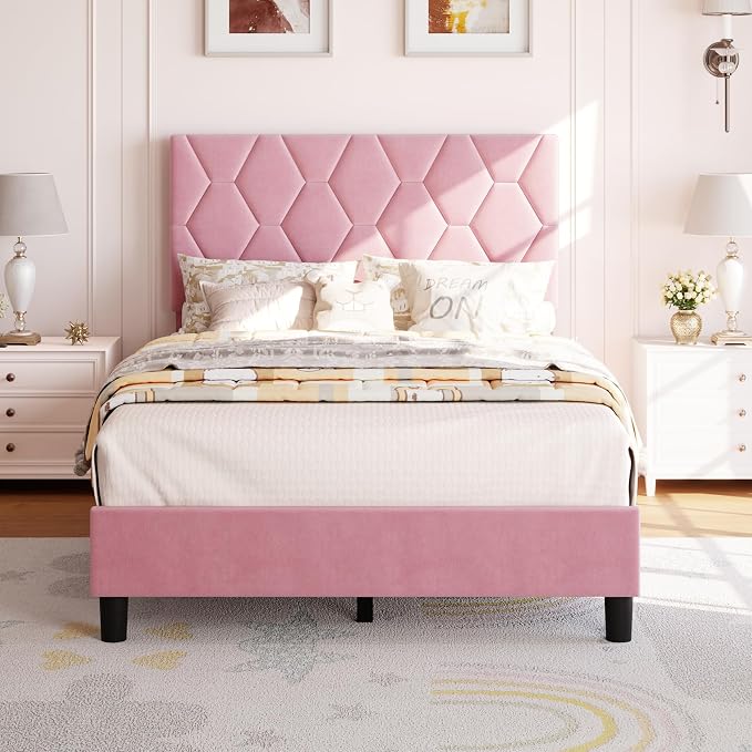 GAOMON Pink Twin Bed Frame with Upholstered Headboard, Heavy-Duty Platform Bed Frame with Strong Wood Slats, No Box Spring Needed/Noise Free/Easy Assembly