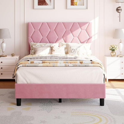 GAOMON Pink Twin Bed Frame with Upholstered Headboard, Heavy-Duty Platform Bed Frame with Strong Wood Slats, No Box Spring Needed/Noise Free/Easy Assembly