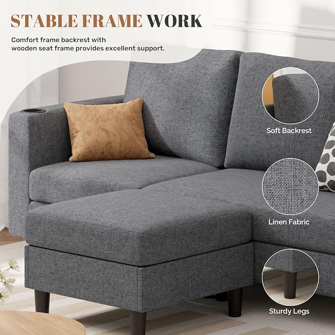 Luxanimarion Upholstered Sectional Sofa and Couches, 78'' L Shaped 3-seat Sofa forLiving Room, Apartment,Lounge,Bedroom-Washable Covers Convertible Sofas(Linen Fabric,Dark Gary)