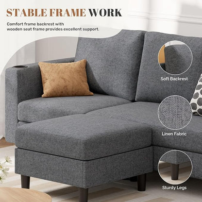 Luxanimarion Upholstered Sectional Sofa and Couches, 78'' L Shaped 3-seat Sofa forLiving Room, Apartment,Lounge,Bedroom-Washable Covers Convertible Sofas(Linen Fabric,Dark Gary)
