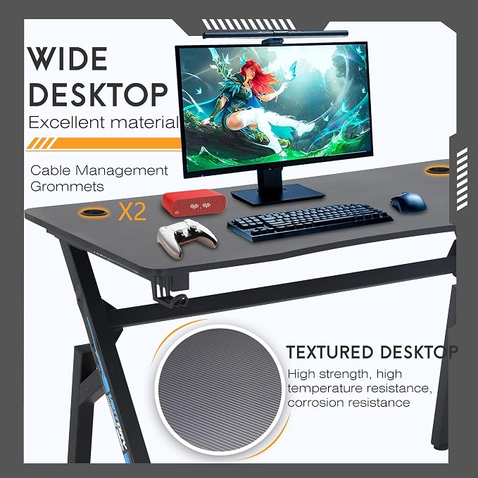 BestOffice | 47" Gaming Desk | Blue | Carbon Fiber Textured Computer Desk | Sturdy Steel Frame, Cup Holder, Headphone Hook, Cable Management Holes, Adjustable Leg Pads | for Gamers, Home, Office