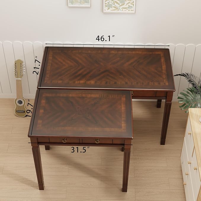 Small Writing Desk With 2 Storage Drawers, 31.5" Home Office Desks , Elegant Wood Writing Desks with Carved Legs, Classic Vanity Dressing Table For Small Space Easy Assembly Caramel Brown SSZ-D1258
