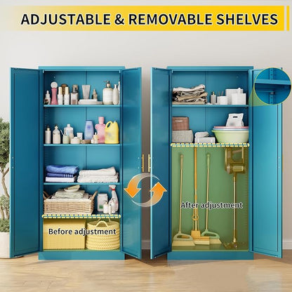 Metal Pantry Cabinet, 71"H x 28"W x 14"D Pantry Cabinets with 2 Doors and 4 Adjustable Shelves, Kitchen Pantry Storage Cabinets, Metal Storage Cabinet for Kitchen, Dining Room, Living Room-Blue