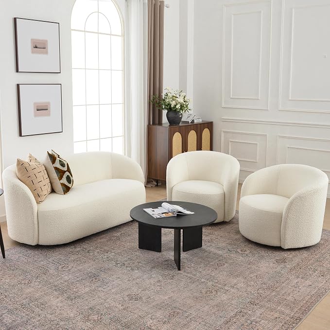 KINWELL 68" Boucle Upholstered Loveseat Sofa with Set of 2 Swivel Barrel Accent Chairs, Minimalist Comfy 2-Seater Couch and 2 Sherpa Armchairs for Small Spaces Apartment, Cream