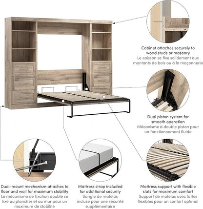 Bestar Pur Full Murphy Bed and 2 Shelving Units with Drawers, 109-inch Space-Saving Wall Bed
