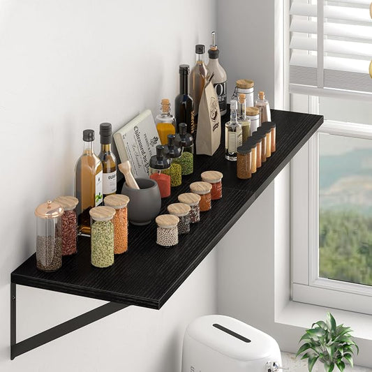 Heimlove Black Deep Floating Shelves for Wall, 44W x 12D Wood Wall Shelves Set of 2, Wide Floating Bookshelf for Living Room, Kitchen, Office, Bedroom and Decor Storage, with Metal Bracket - Black