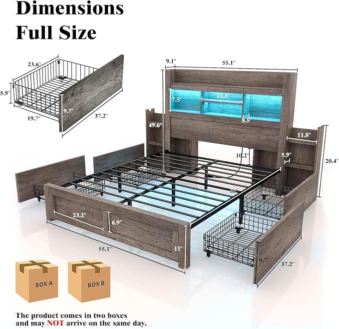 LUXOAK Full Bed Frame with 49.6" Bookcase Headboard & 2 Detachable Bedside Stoage Racks & 4 Drawers, Farmhouse Wood Bed Frame with RGB LED & Charging Station, No Box Spring Needed, Grey