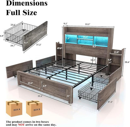 LUXOAK Full Bed Frame with 49.6" Bookcase Headboard & 2 Detachable Bedside Stoage Racks & 4 Drawers, Farmhouse Wood Bed Frame with RGB LED & Charging Station, No Box Spring Needed, Grey