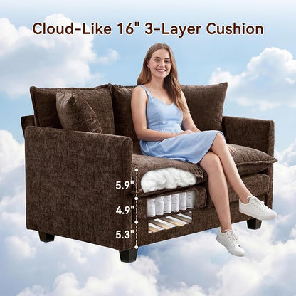 Loveseat Sofa Couch, Small Mini Compact 50" Love Seat 27" Deep Cloud Sofa Seat Washable Chenille Pillow for Apartment Bedroom Dorm Attic Studio Office Living Room Small Space 8833-BRWON