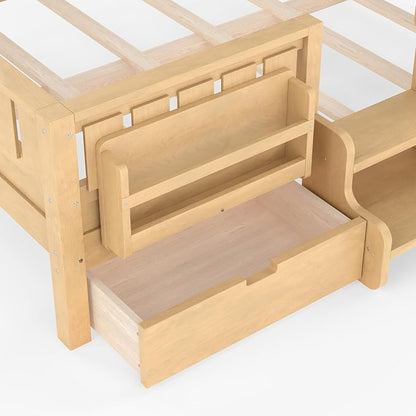 Bellemave Full Size Bed Frame with Storage Drawers & Bookshelf, Low Profile Kids Bed with Staircase & Full Length Guardrails, Solid Wood Full Size Bed Frame Kids with Slats Load 450 LBS, Natural