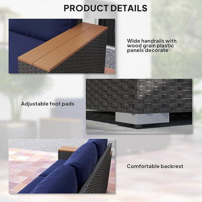 Outsunny 3-Seat Outdoor Patio Sofa with 24.5" Extra Wide Deep Seats, PE Wicker Sofa with Wide Wood Effect Armrests and 4" Cushions, Rattan Outdoor Couch for Porch, Garden, Poolside, Navy Blue