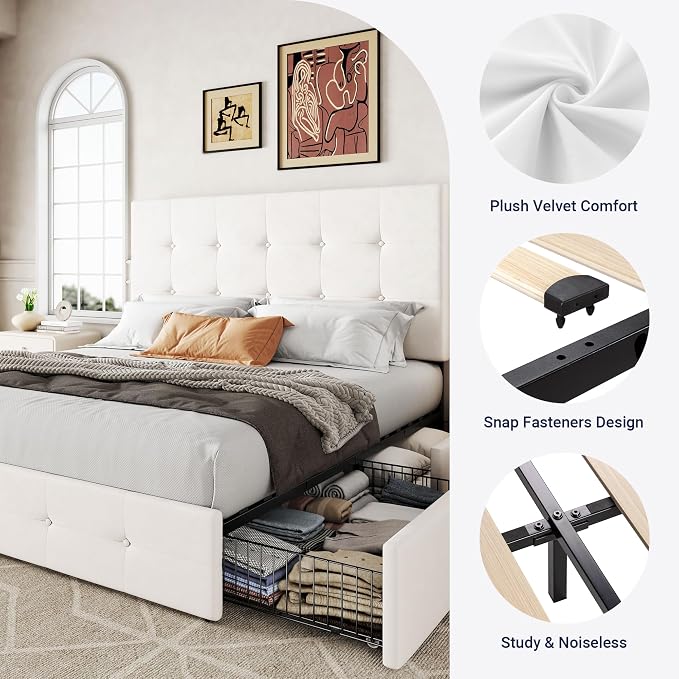 Allewie Upholstered Queen Size Platform Bed Frame with 4 Storage Drawers and Adjustable Headboard, Square Button Tufted, Wooden Slats Support, Noise-Free, No Box Spring Needed, Easy Assembly, White