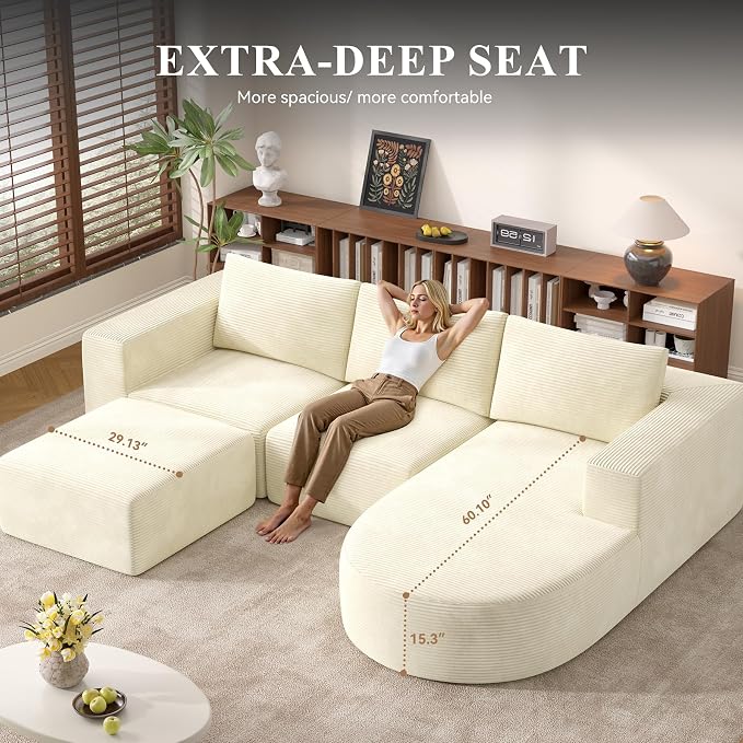 Boneless Couches for Living Room with Chaise,104" Modular Sectional Sofa with Convertible Ottoman,Cozy Cloud Couch with U-Shaped,Sponge Compression Sofas in a Box,No Assembly Required(Beige) 1pcs