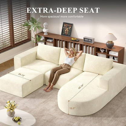 Boneless Couches for Living Room with Chaise,104" Modular Sectional Sofa with Convertible Ottoman,Cozy Cloud Couch with U-Shaped,Sponge Compression Sofas in a Box,No Assembly Required(Beige) 1pcs