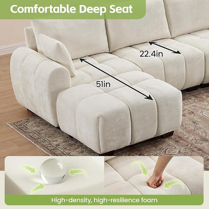 143" Oversized U Shaped Cloud Modular Sectional Sofa, Modern Chenille Upholstered 6 Seater Couch with 2 Removable Ottomans, Tufted Deep Seat & Wood Legs, Large Beige Sectional Couches for Living Room