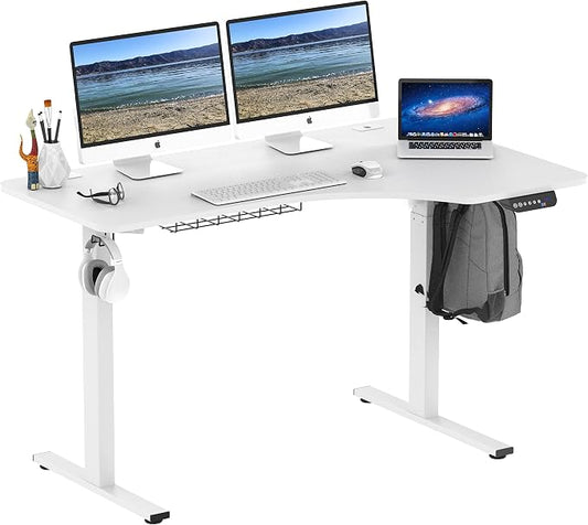SHW 55-Inch Large Electric Height Adjustable L-Shaped Standing Desk with Right Facing Corner, White