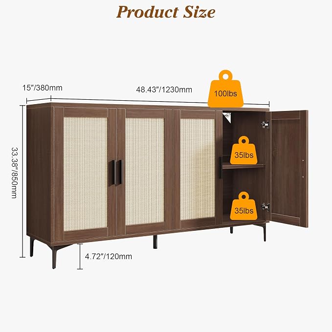 JASIWAY 48" Rattan Buffet Cabinet with Storage, Walnut Coffee Bar Cabinet | Storage Buffet With Doors and Adjustable Shelves, Sideboard Console for Kitchen, Dining Room, Living Room, Anti-Tip