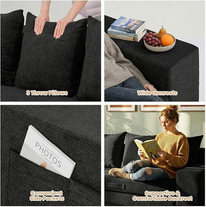 Boneless Couch Sofa Bed, 70'' Convertible Tri-Folding Futon Sleeper with Handle & Side Pockets, Pull Out Couch Bed with Hook and Loop No Assembly for Small Space,Living Room & Bedroom