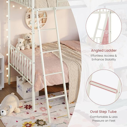 SHA CERLIN Convertible Twin Over Twin Bunk Bed, CPC Certified,White | Victorian Iron-Art Headboard and Footboard,Space-Saving Metal Bunk Bed with Guardrail & Ladder,No Box Spring Needed