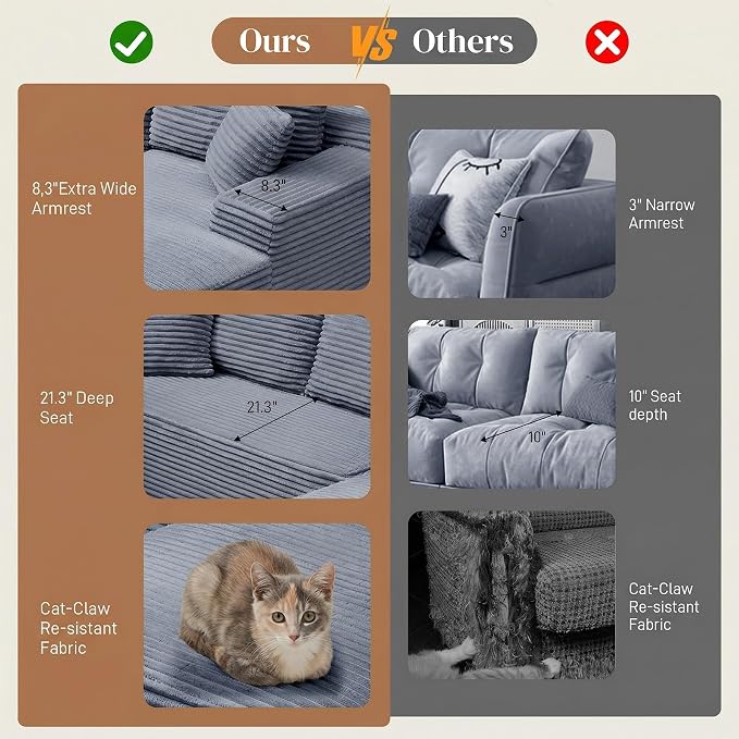 95" L Shaped Cloud Boneless Sectional Couches for Living Room, Modern Comfy Modular Deep Seat Memory Foam Compressed Corduroy Sofa Oversized Right Facing Chaise, No Assembly Required, Grey