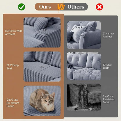 95" L Shaped Cloud Boneless Sectional Couches for Living Room, Modern Comfy Modular Deep Seat Memory Foam Compressed Corduroy Sofa Oversized Right Facing Chaise, No Assembly Required, Grey