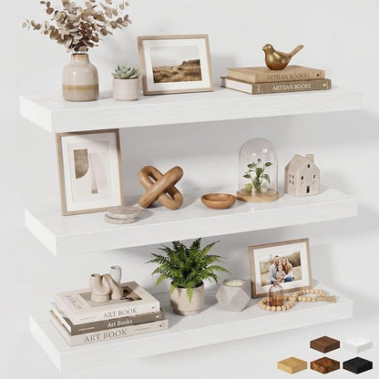 Fun Memories Floating Shelves for Wall, 32 Inch Long Floating Shelves Set of 3, 32 x 10 Wooden Shelves for Wall, Large Storage Shelves, Hanging Shelves for Bathroom Kitchen Bedroom, White