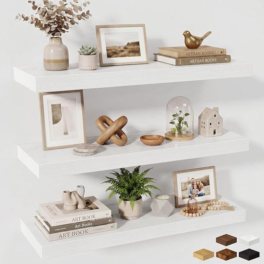 Fun Memories Floating Shelves for Wall, 32 Inch Long Floating Shelves Set of 3, 32 x 10 Wooden Shelves for Wall, Large Storage Shelves, Hanging Shelves for Bathroom Kitchen Bedroom, White