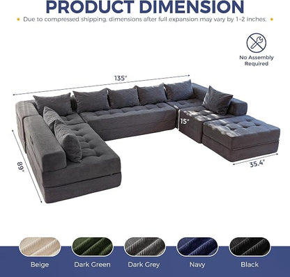 MAXYOYO Modular Sectional Sofa Couch, Foldable Oversized U Shaped Cloud Couch with Pillows, Tufted Boneless Lounger Floor Sofa Bed for Living Room, No Assembly Required, Dark Grey