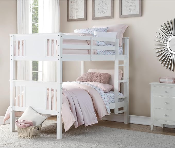 DHP Dylan Convertible Wood Bunk Bed, Stackable and Detachable Bed Frames for Kids and Teens, with Ladder, High Guardrail, Wood Slats, No Boxspring Required, Twin-Over-Twin, White
