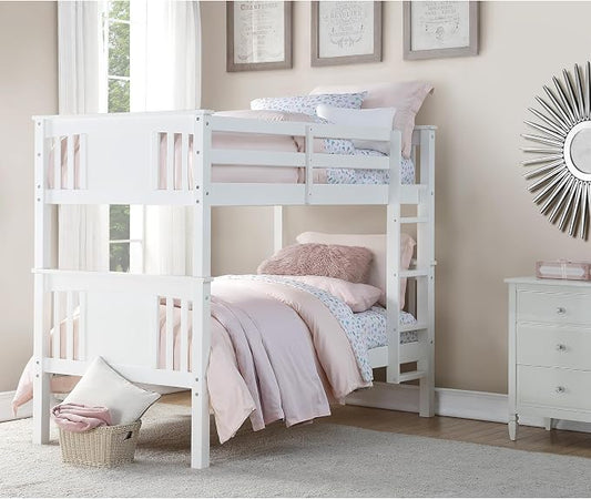DHP Dylan Convertible Wood Bunk Bed, Stackable and Detachable Bed Frames for Kids and Teens, with Ladder, High Guardrail, Wood Slats, No Boxspring Required, Twin-Over-Twin, White