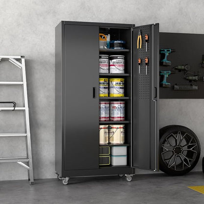 SUXXAN Heavy Duty Metal Storage Cabinet with Wheels and Pegboard, 71" Tall Industrial Steel Cabinet with 5 Adjustable Shelves & Locking Doors for Garage, Office, Pantry, Warehouse, Black